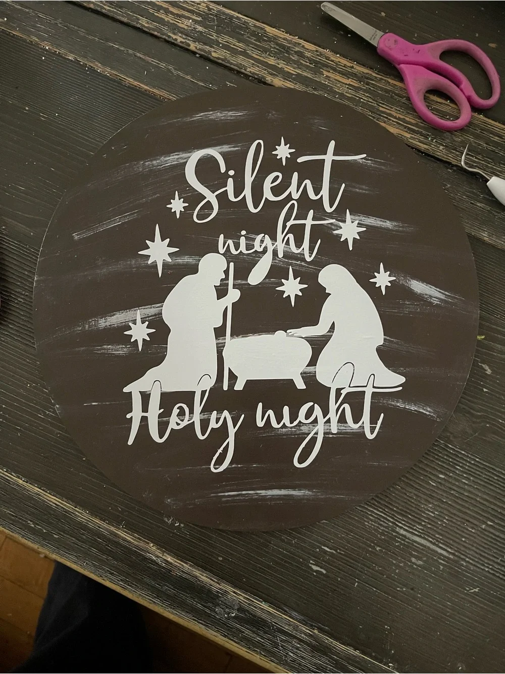 Silent Night Holy Night Round Wooden Sign - Brown and White